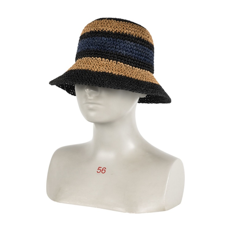 Women Striped Crochet Paper Straw Summer Beach Bucket Sun Hat